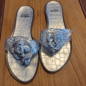 Stuart Weitzman Silver flower flip flops size 8